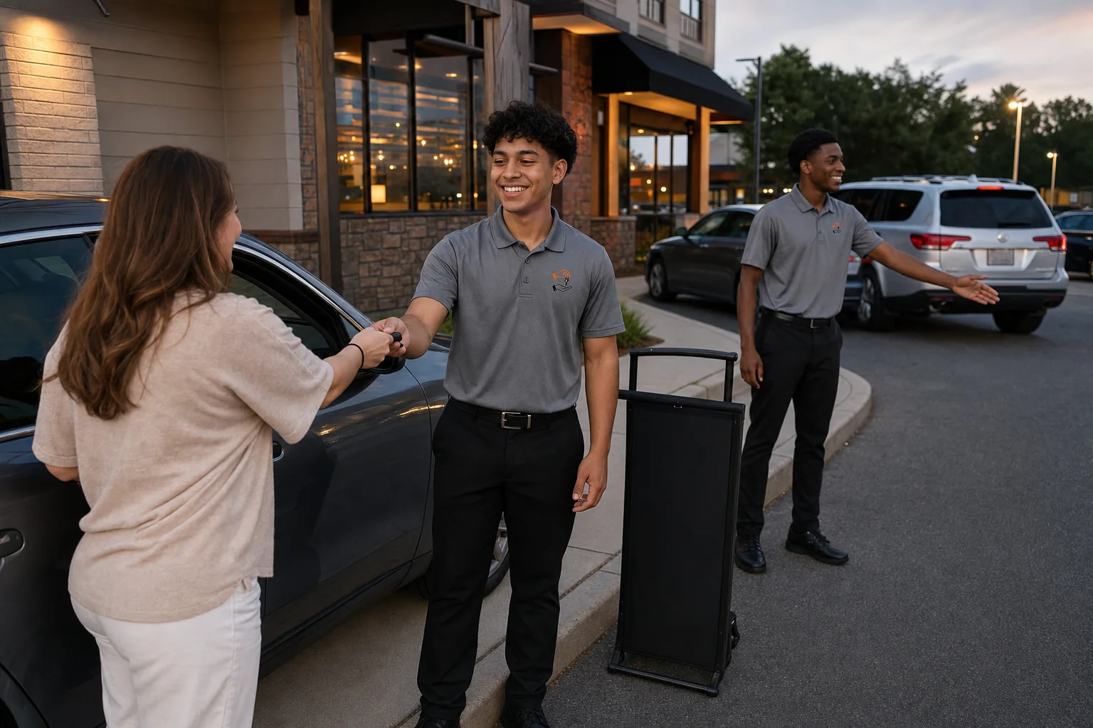 Young Easy Arrival attendants managing a restaurant arrival